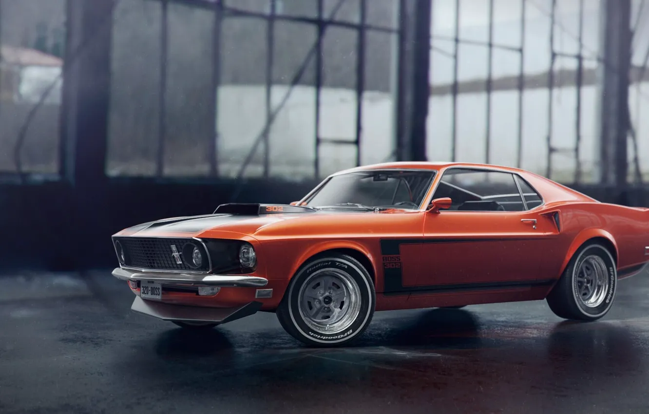 Фото обои Mustang, Ford, Авто, Машина, Оранжевый, 1969, Ford Mustang, Рендеринг