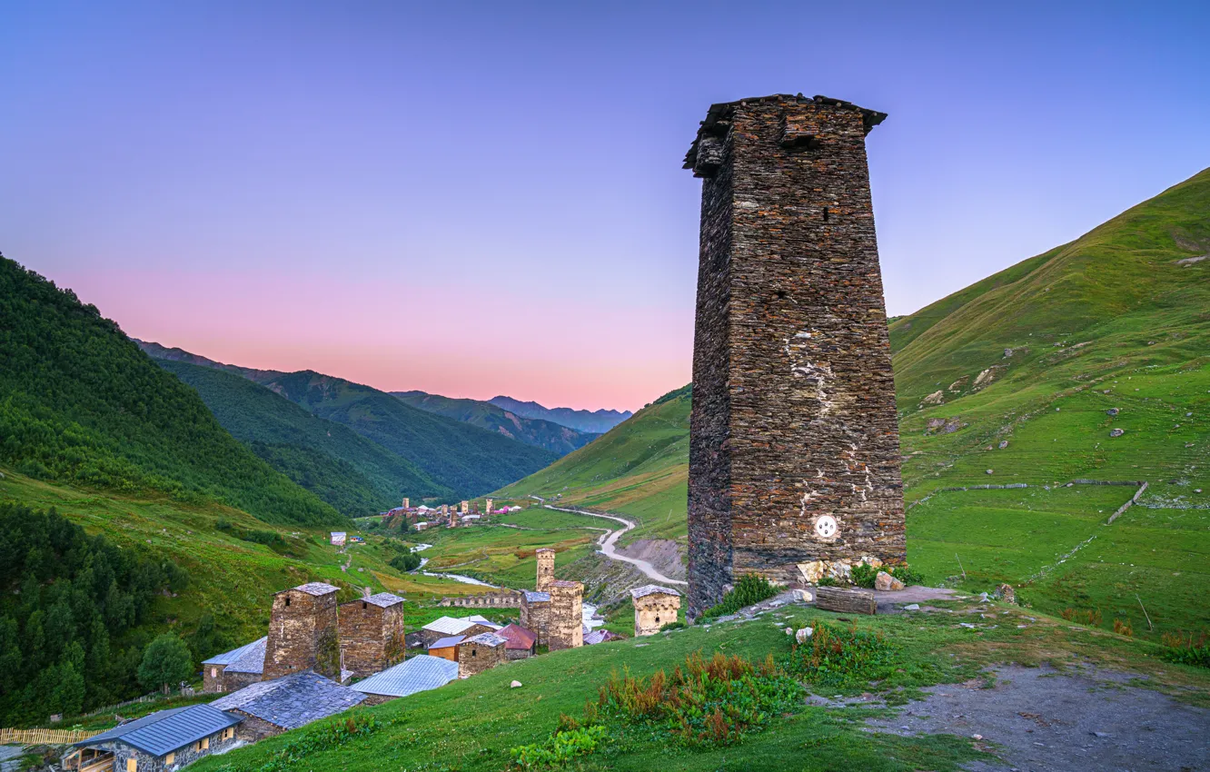Фото обои горы, башня, Грузия, Upper Svaneti, Ushguli