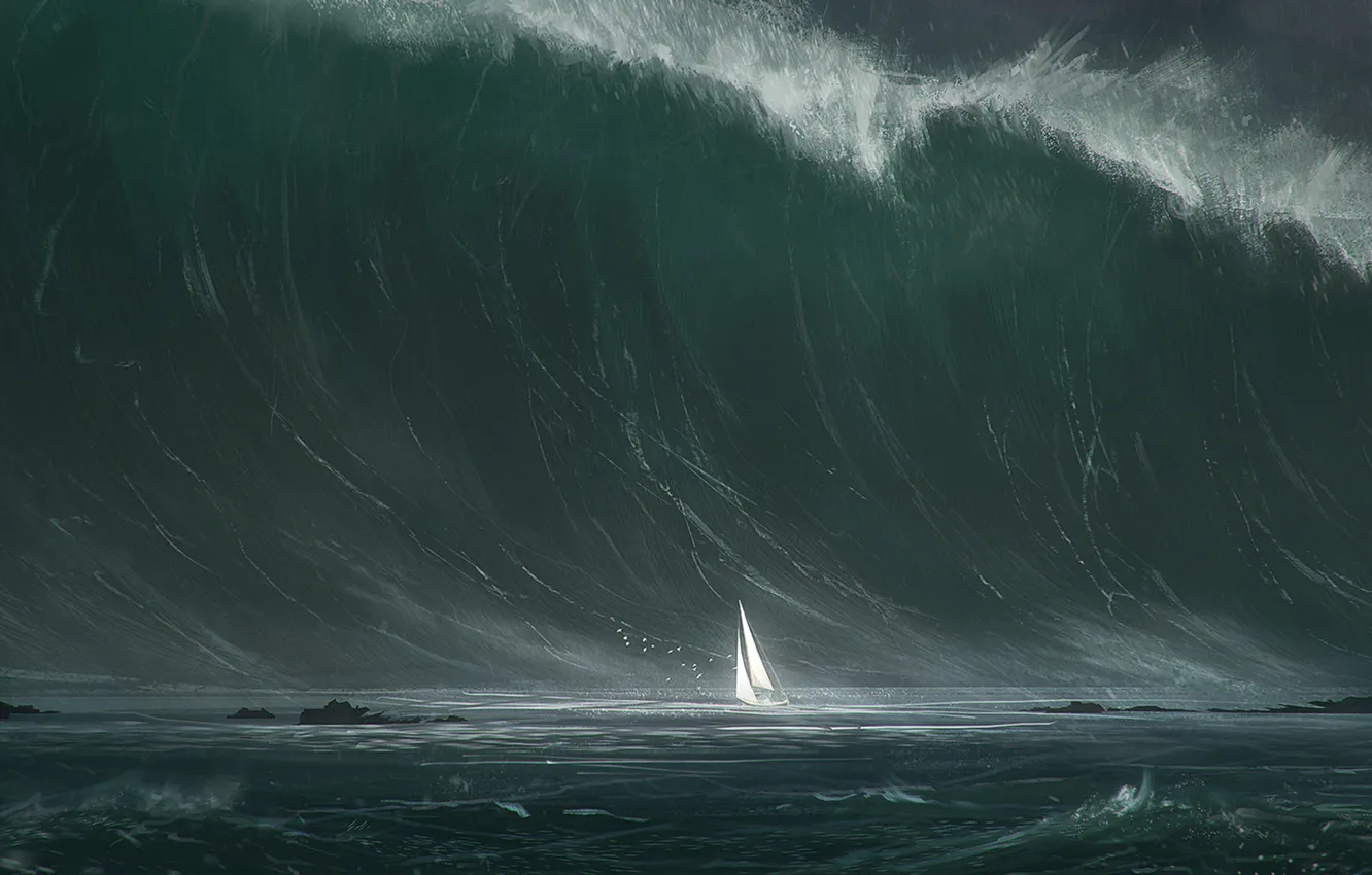 Фото обои море, шторм, волна, корабль, парус