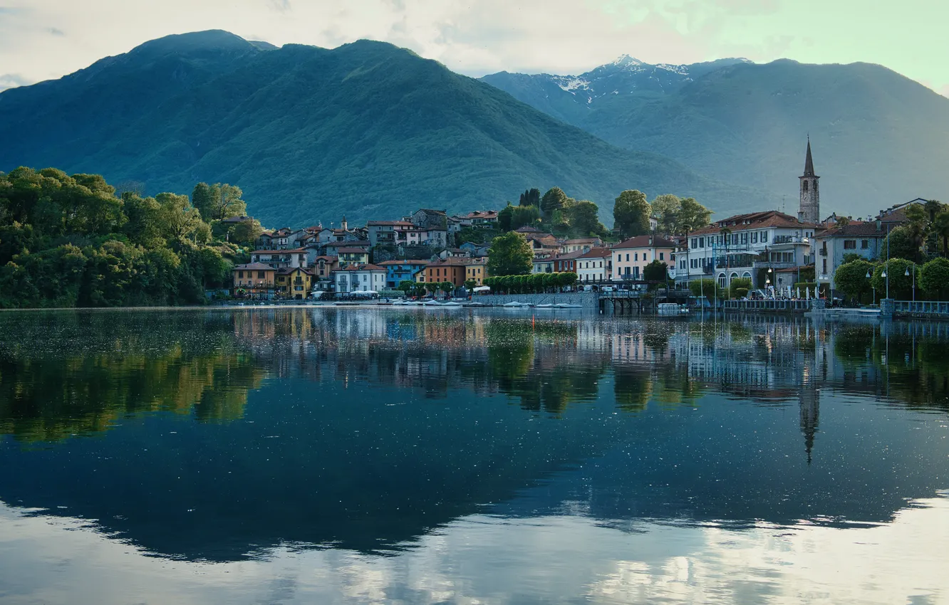 Фото обои горы, озеро, отражение, здания, дома, Италия, Italy, Piedmont