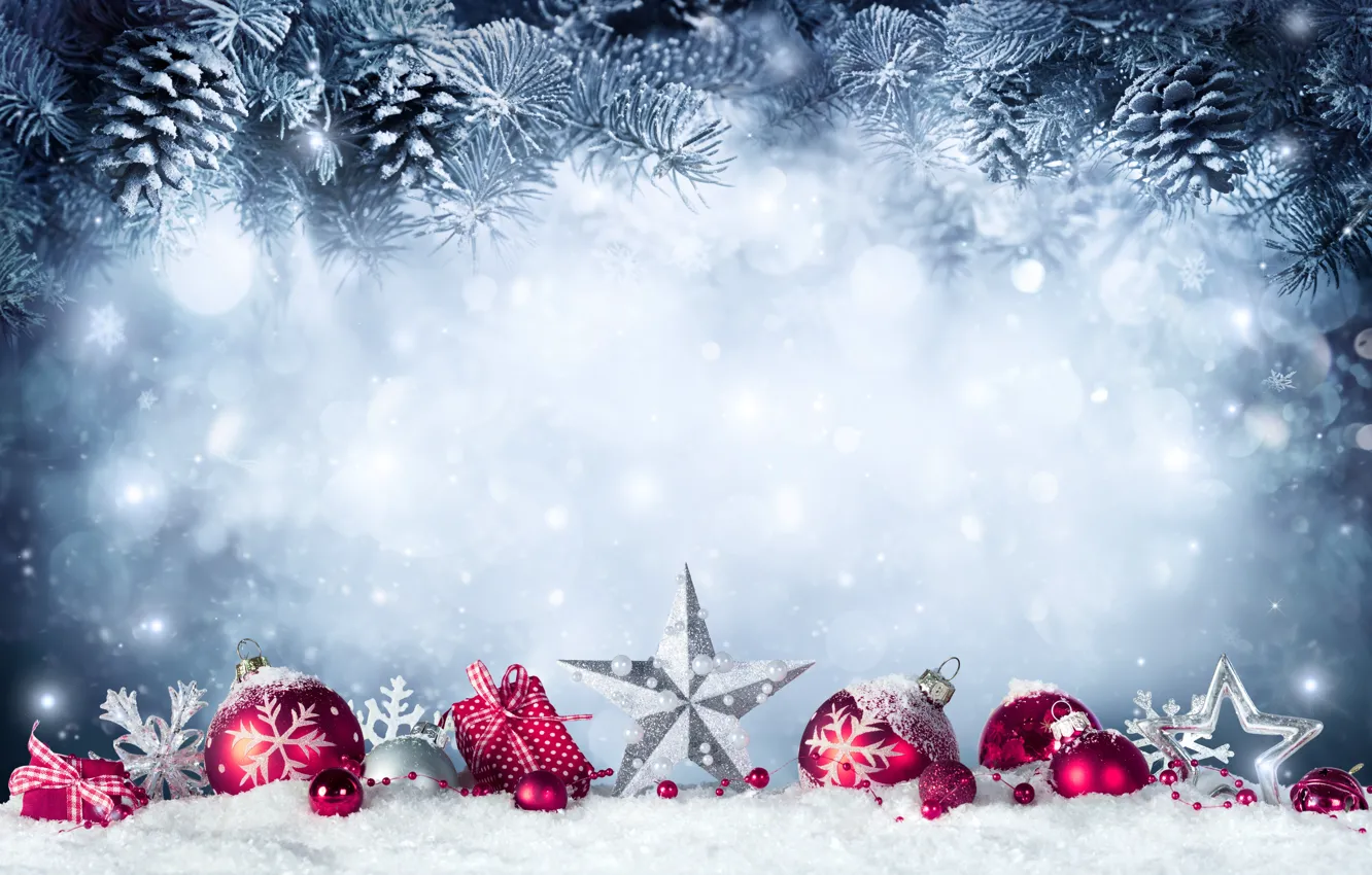 Фото обои Новый Год, Рождество, christmas, balls, winter, snow, merry christmas, gift