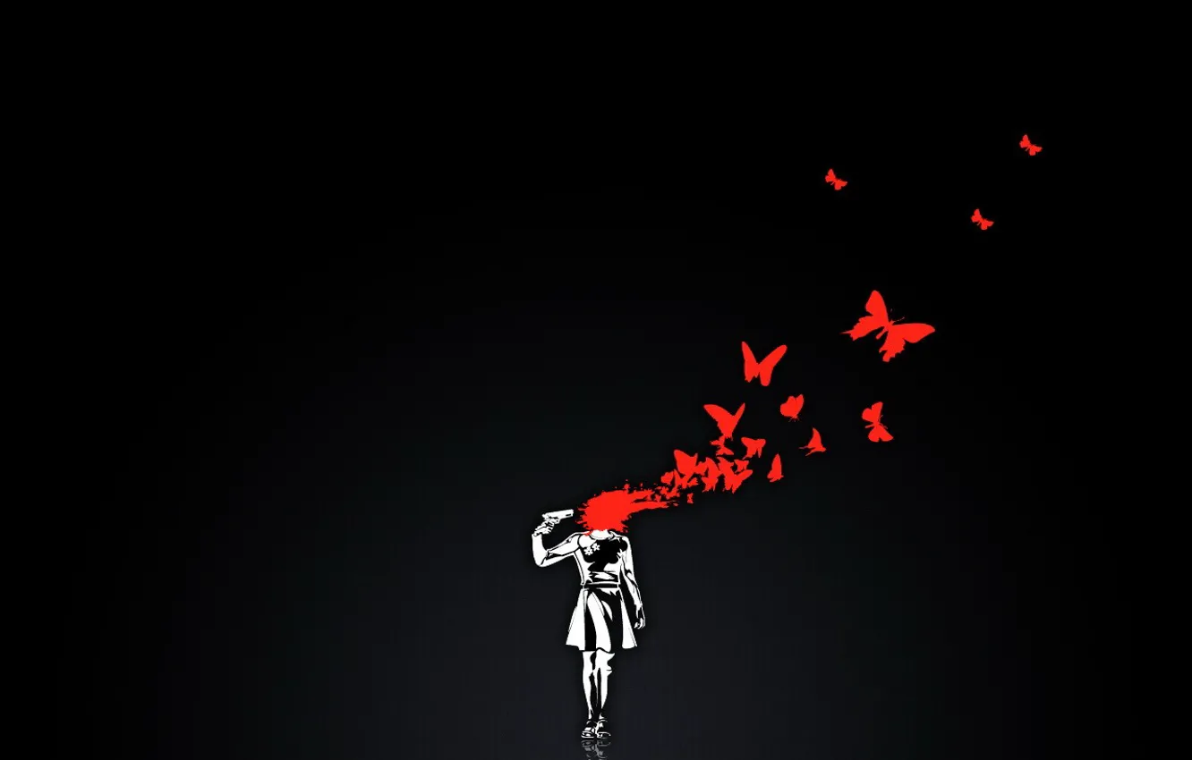 Фото обои бабочки, пистолет, черный, кровь, минимализм, вектор