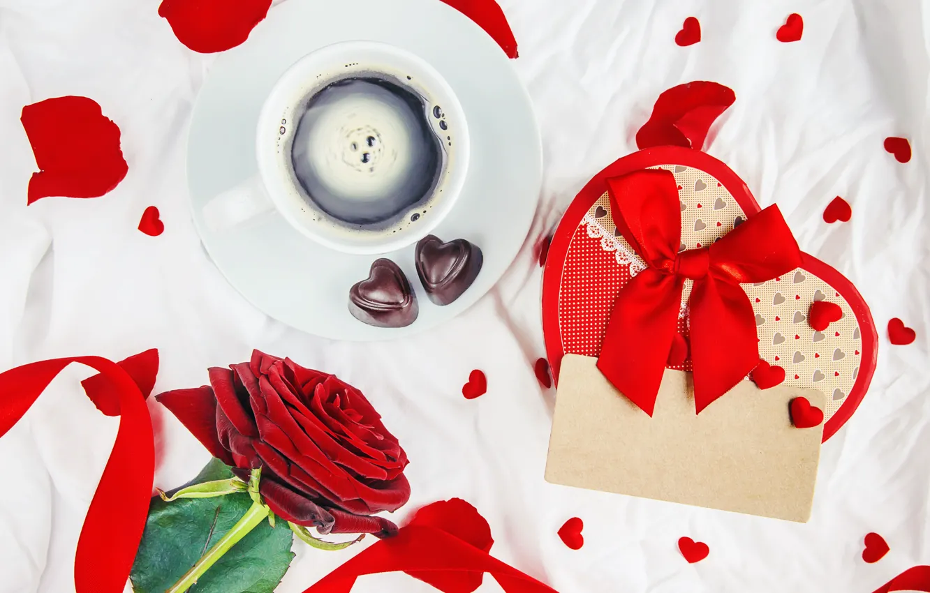 Фото обои праздник, подарок, роза, кофе, конфеты, сердечко, день влюбленных