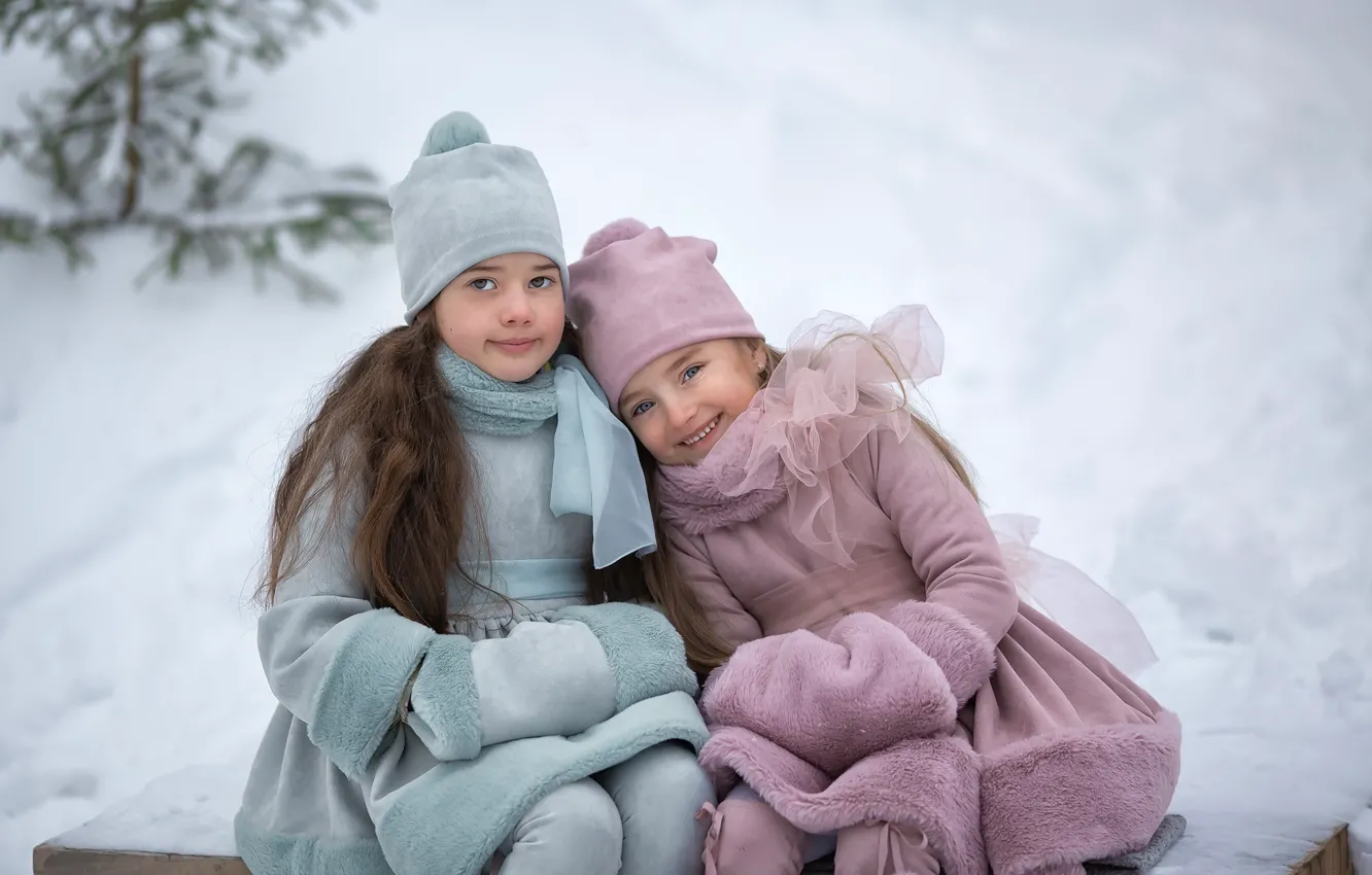 Фото обои зима, снег, дети, девочки, Анастасия Бармина, Бармина Анастасия