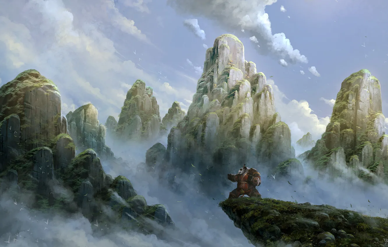 Фото обои горы, природа, обрыв, ветер, арт, панда, World of Warcraft, Mists of Pandaria