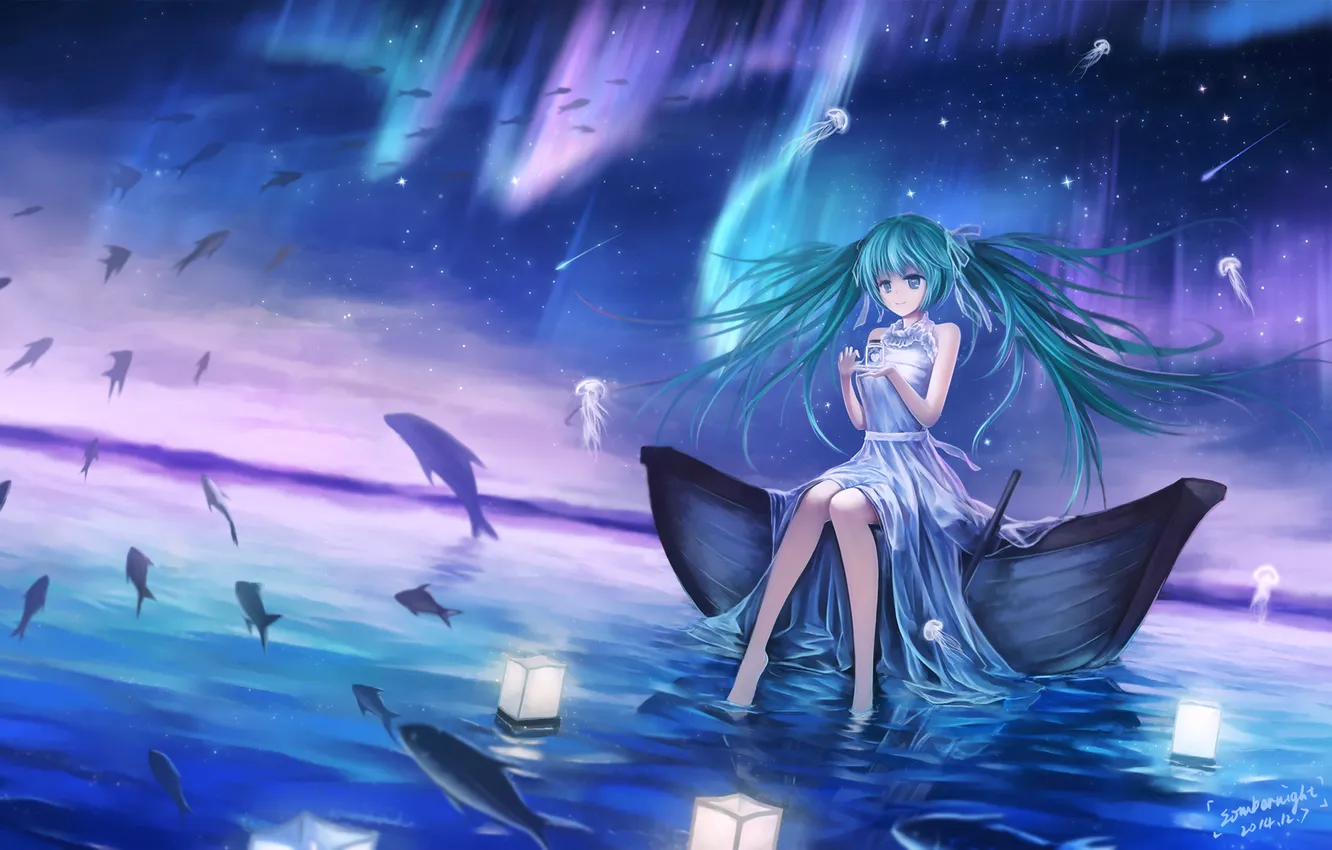 Фото обои небо, вода, девушка, звезды, рыбы, ночь, лодка, северное сияние