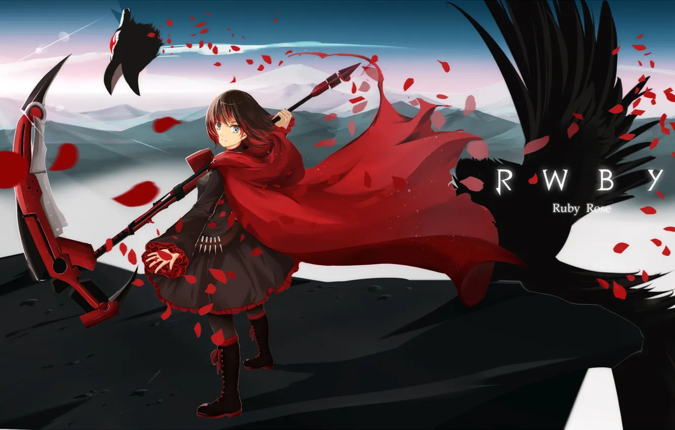 Фото обои девушка, птица, лепестки, коса, RWBY, Ruby Rose