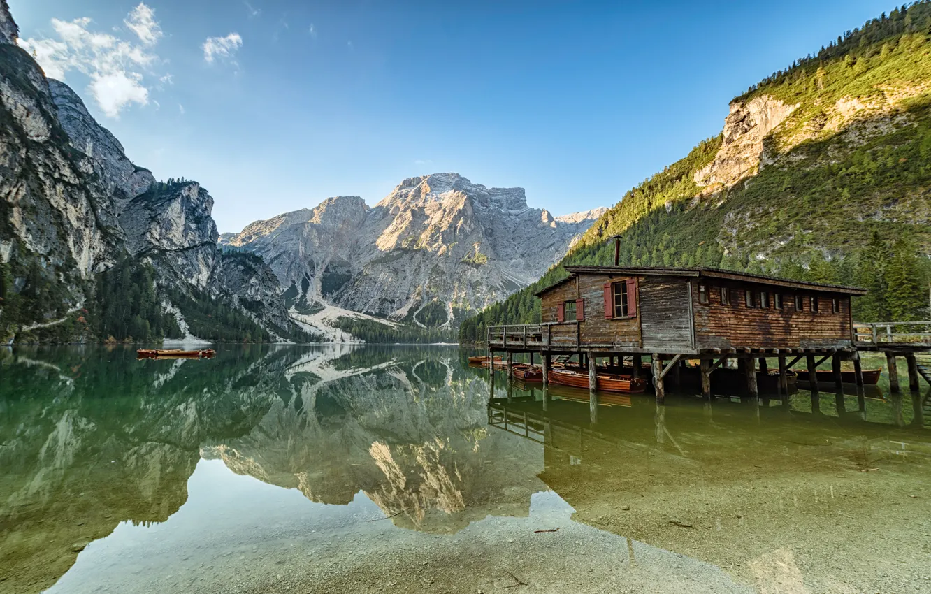 Фото обои горы, озеро, отражение, домик