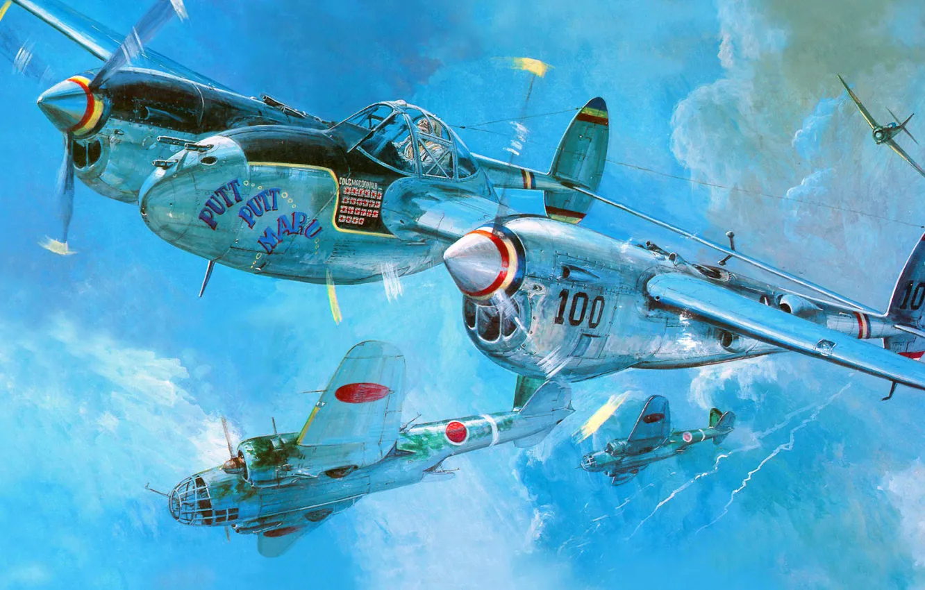 Фото обои рисунок, арт, Lightning, Lockheed, ВВС США, P-38, американский тяжёлый истребитель, разведывательный самолёт