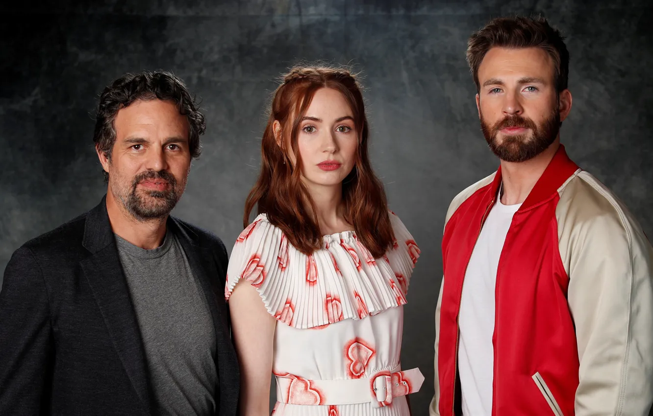 Фото обои актеры, Крис Эванс, Марк Руффало, Chris Evans, Mark Ruffalo, Карен Гиллан, Karen Gillan