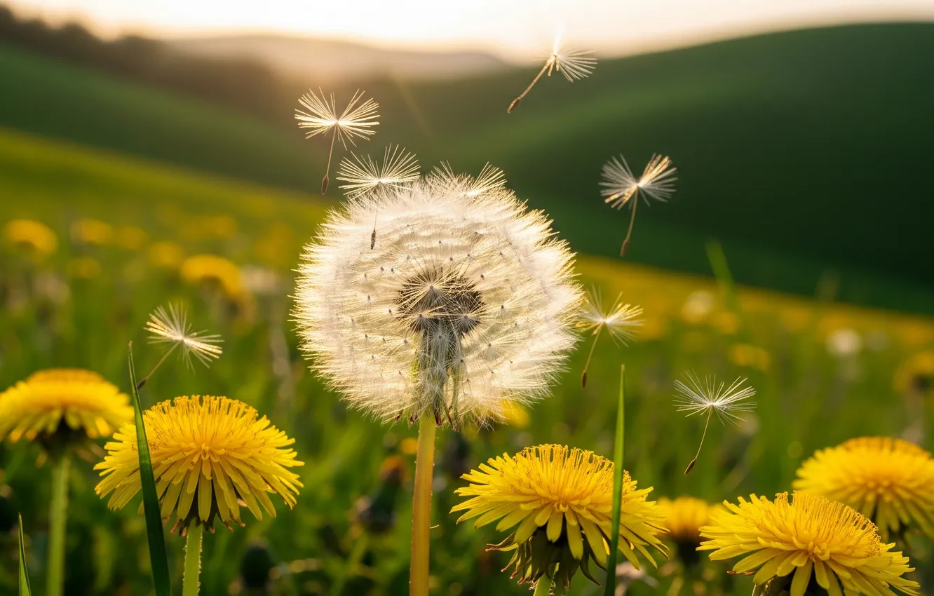 Фото обои солнце, природа, одуванчик, холмы, обои, wallpaper, nature, sun