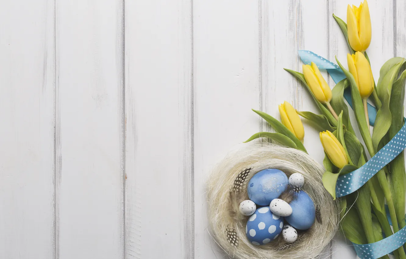 Фото обои праздник, весна, Пасха, лента, тюльпаны, wood, декор, Easter