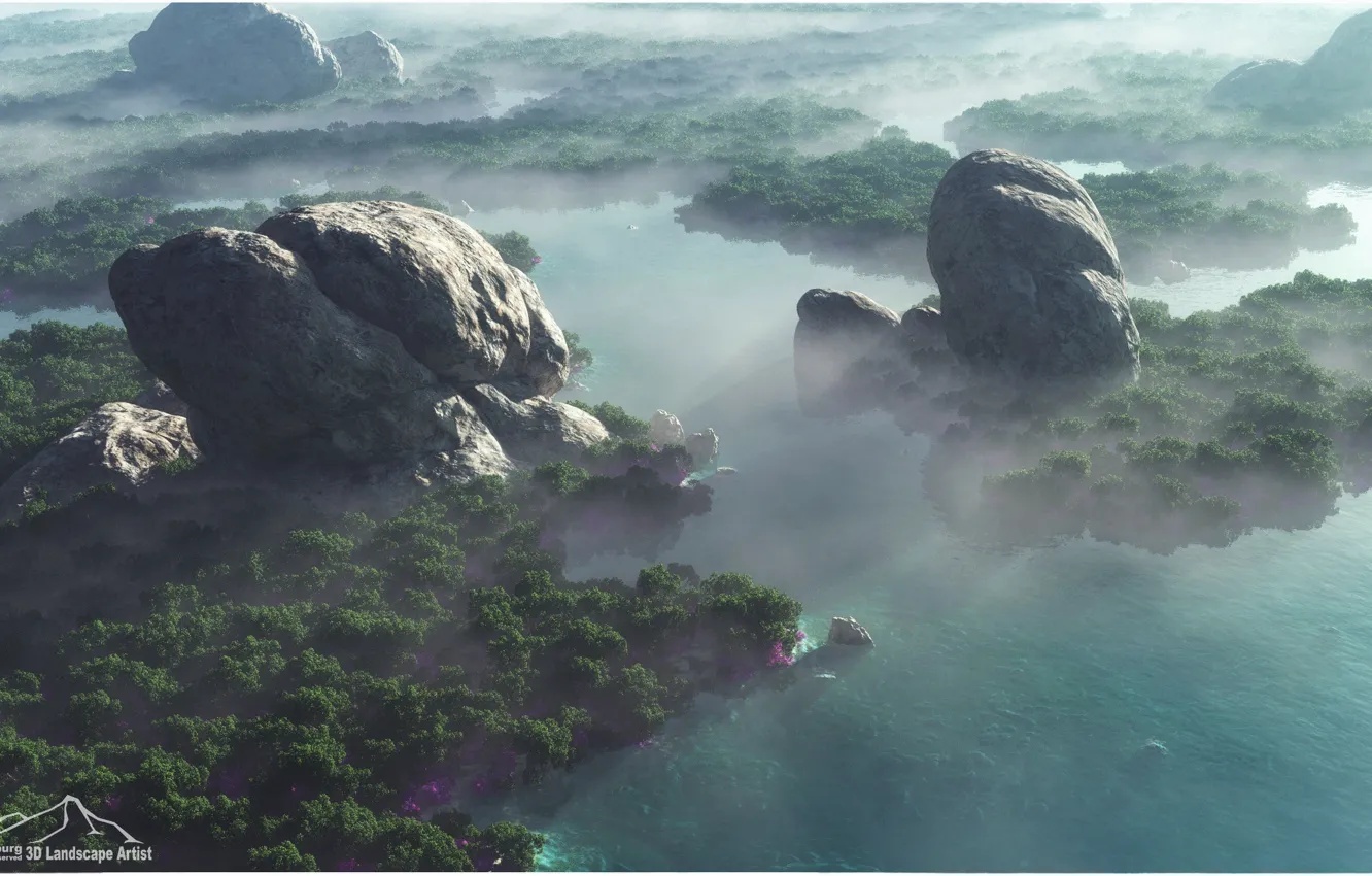 Фото обои туман, скалы, растительность, водоём, Undiscovered