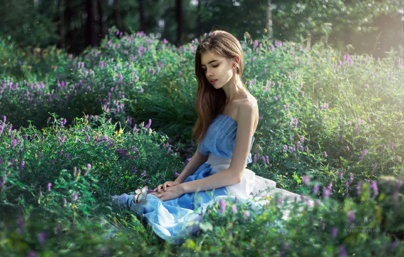 Фото обои поле, лето, девушка, цветы, природа, милая, платье, Арбузова Вилина