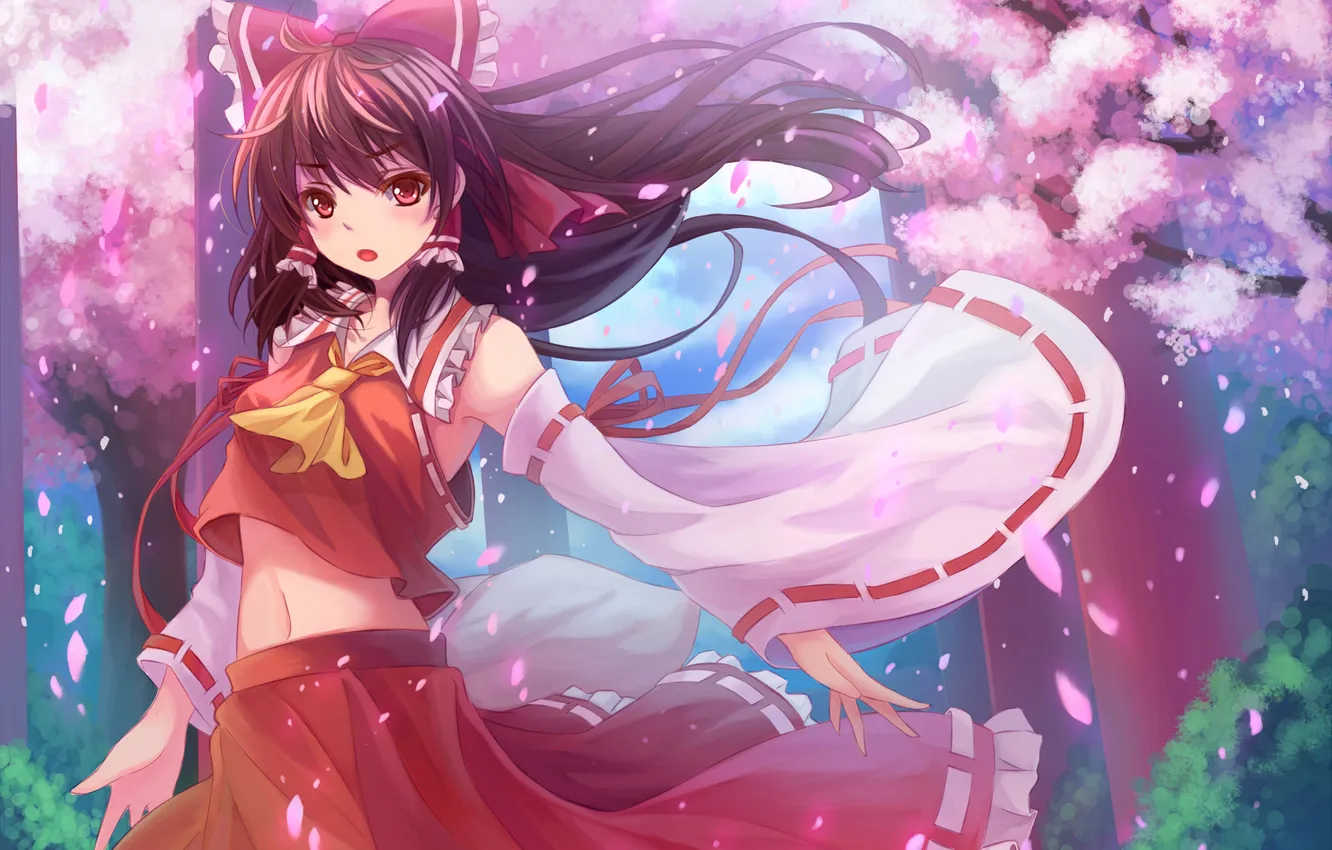 Фото обои взгляд, девушка, дерево, сакура, жест, touhou, art, hakurei reimu