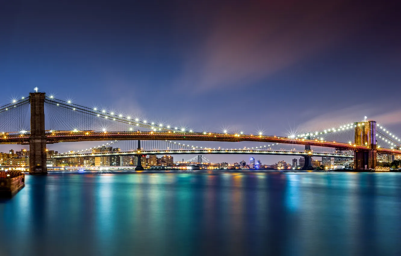 Фото обои вода, ночь, мост, город, lights, огни, небоскрёбы, panorama
