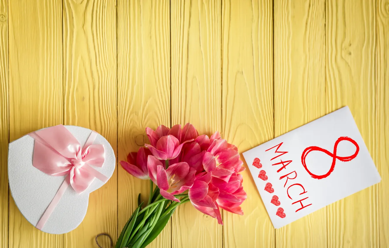 Фото обои праздник, подарок, букет, тюльпаны, 8 марта, открытка, лента розовая