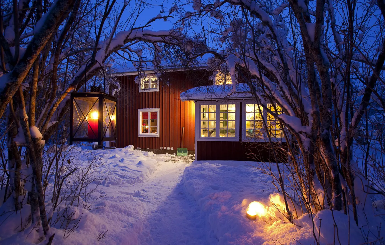 Фото обои свет, снег, дом, Зима, фонари