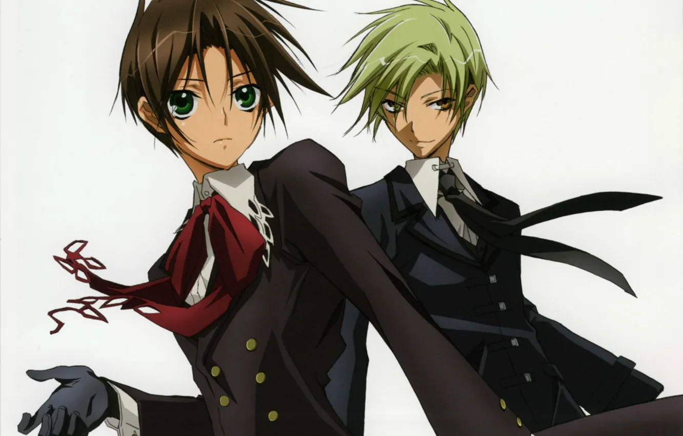 Фото обои галстук, парни, серый фон, двое, пальто, зеленые глаза, 07-Ghost, art Yuki Amemiya