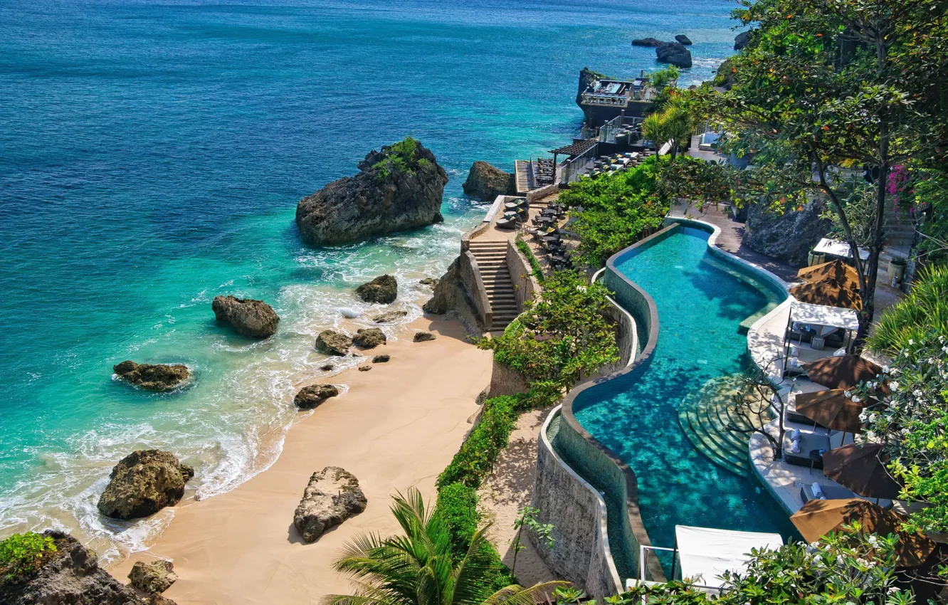 Фото обои море, камни, бассейн, Бали, Индонезия, отель