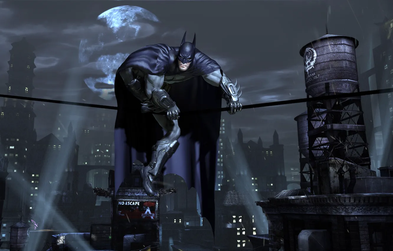 Фото обои ночь, город, огни, луна, маска, плащ, Batman, супергерой