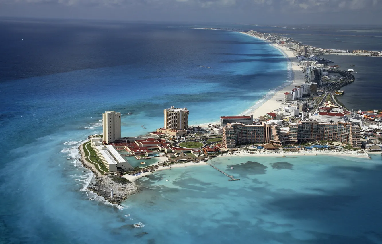 Фото обои пляж, небо, вода, океан, дома, Mexico, мексика, Cancun