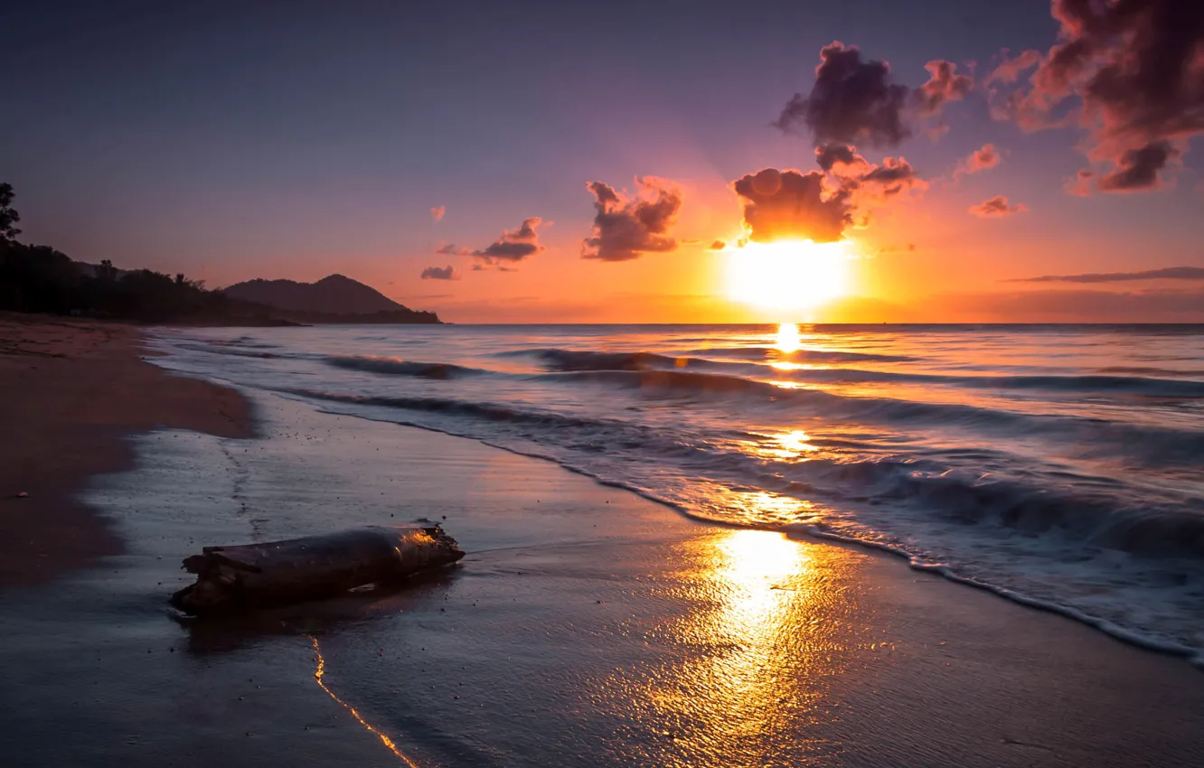 Фото обои море, закат, берег, вечер