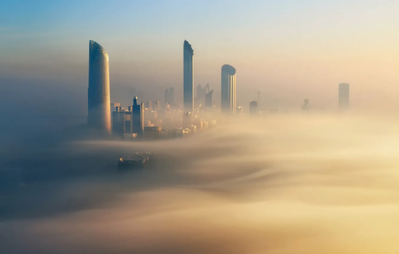 Фото обои город, туман, утро, золотой, Дубай, Dubai, ОАЭ