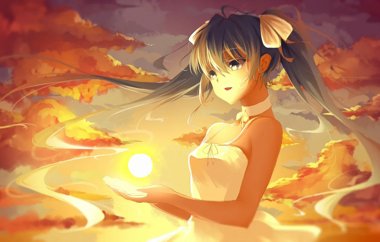 Фото обои девушка, солнце, облака, закат, vocaloid, hatsune miku, ладони, хвостики