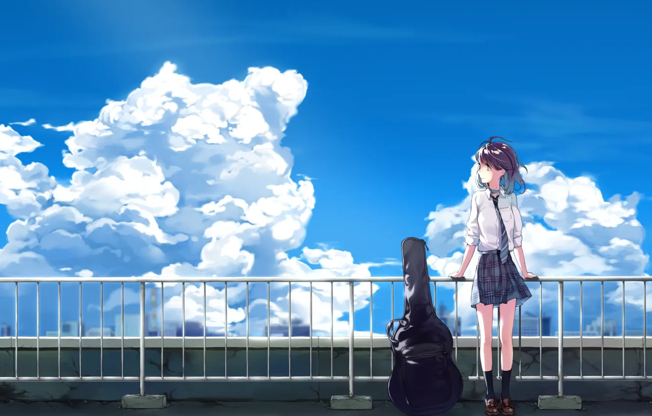 Фото обои небо, девушка, облака, гитара, аниме, арт, галстук, форма