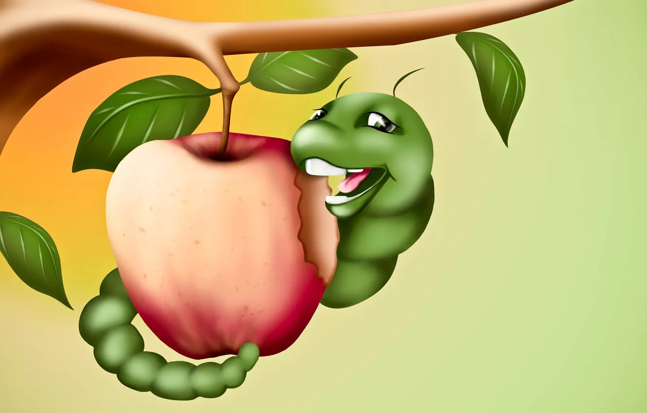 Фото обои гусеница, рисунок, яблоко, ветка, арт, червяк