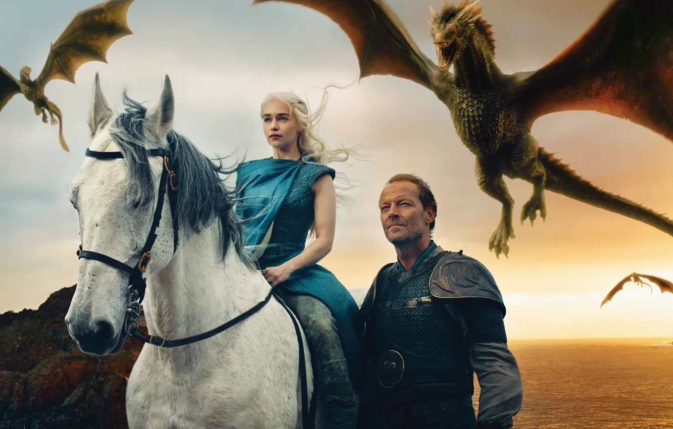 Фото обои драконы, Game of Thrones, Emilia Clarke, Daenerys Targaryen, Iain Glen, Jorah Mormont