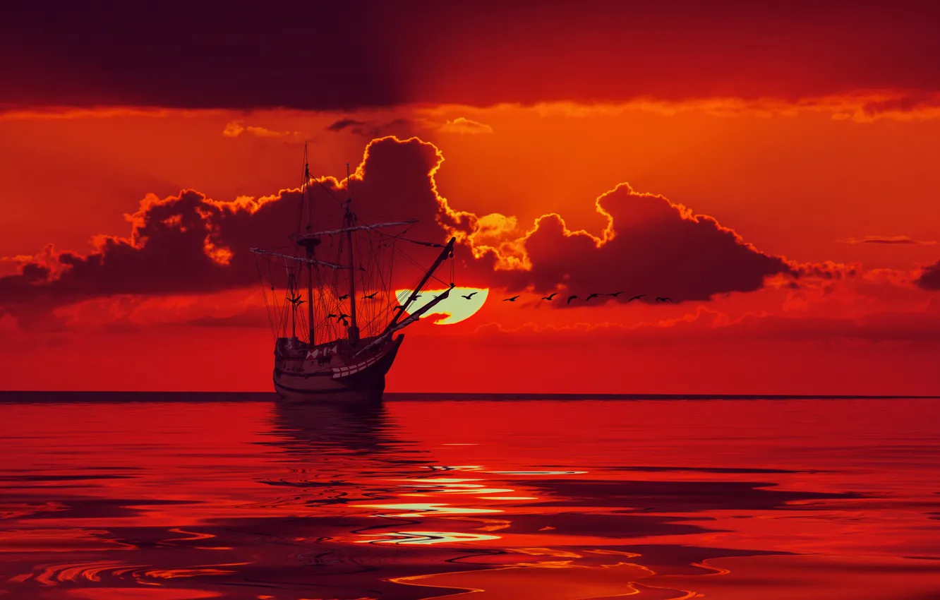 Фото обои море, небо, солнце, облака, птицы, корабль, парусник, горизонт