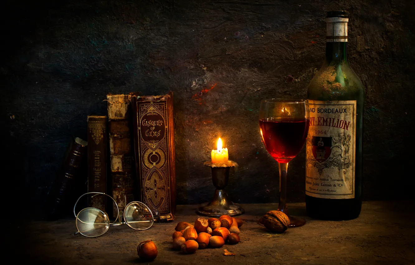 Фото обои вино, книги, свеча, очки, A special occasion