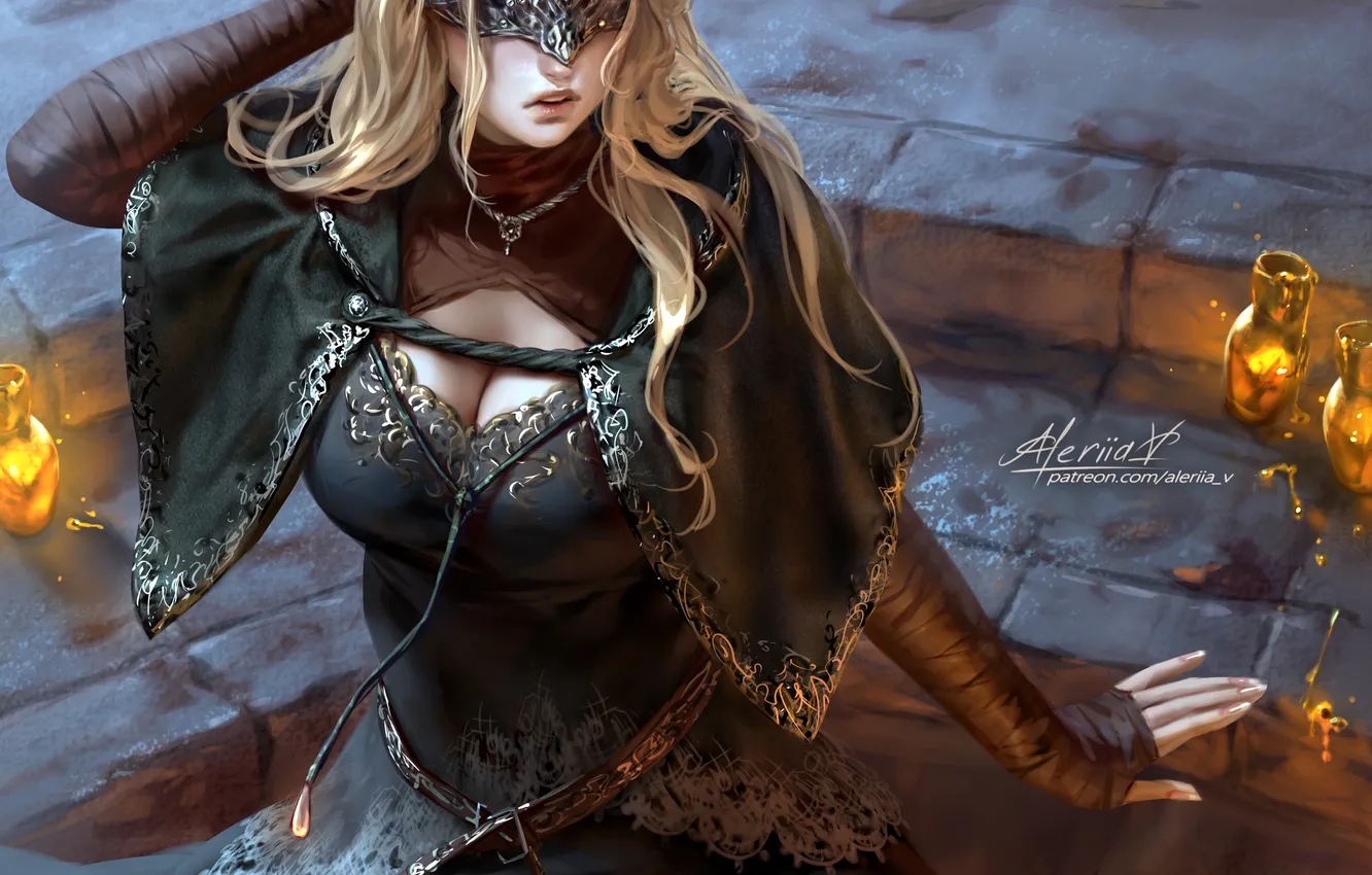 Фото обои girl, fantasy, cleavage, blonde, digital art, artwork, mask, fantasy art