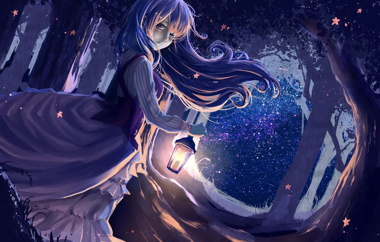 Фото обои лес, девушка, ночь, ветер, платье, арт, фонарь, ryouya