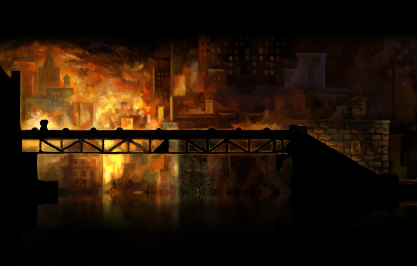 Фото обои ночь, мост, пожар, здания, Braid