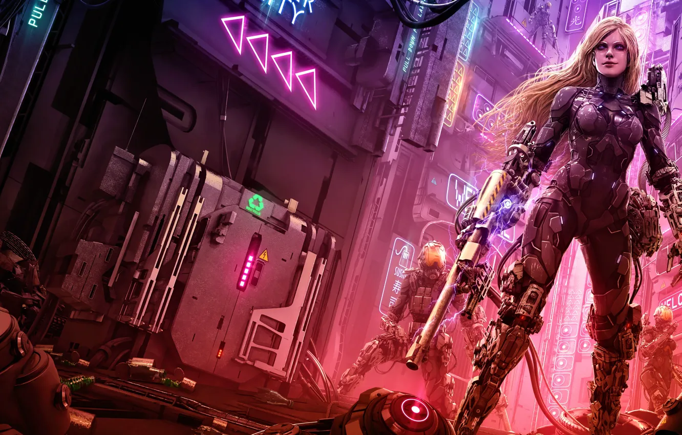 Фото обои art, neon, cyberpunk, women, blonde, cityscape, futuristic, futuristic armor