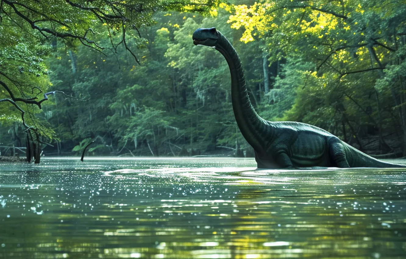 Фото обои Вода, Озеро, Деревья, Динозавр, Животное, Цифровое искусство, Древние животные, Вымершие животные