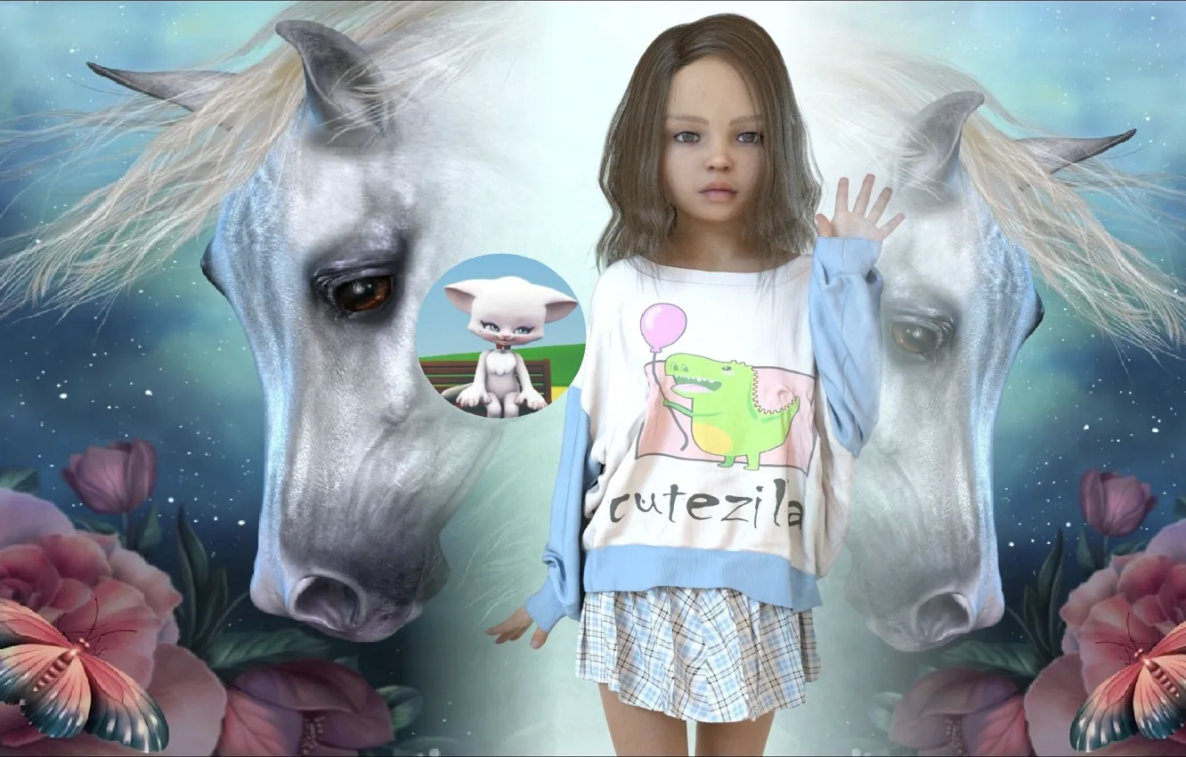 Фото обои girl, fantasy, жест, horses, другое, gesture, other