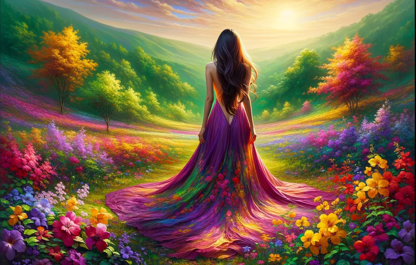 Фото обои поле, лето, девушка, цветы, природа, платье, луг, стоит спиной