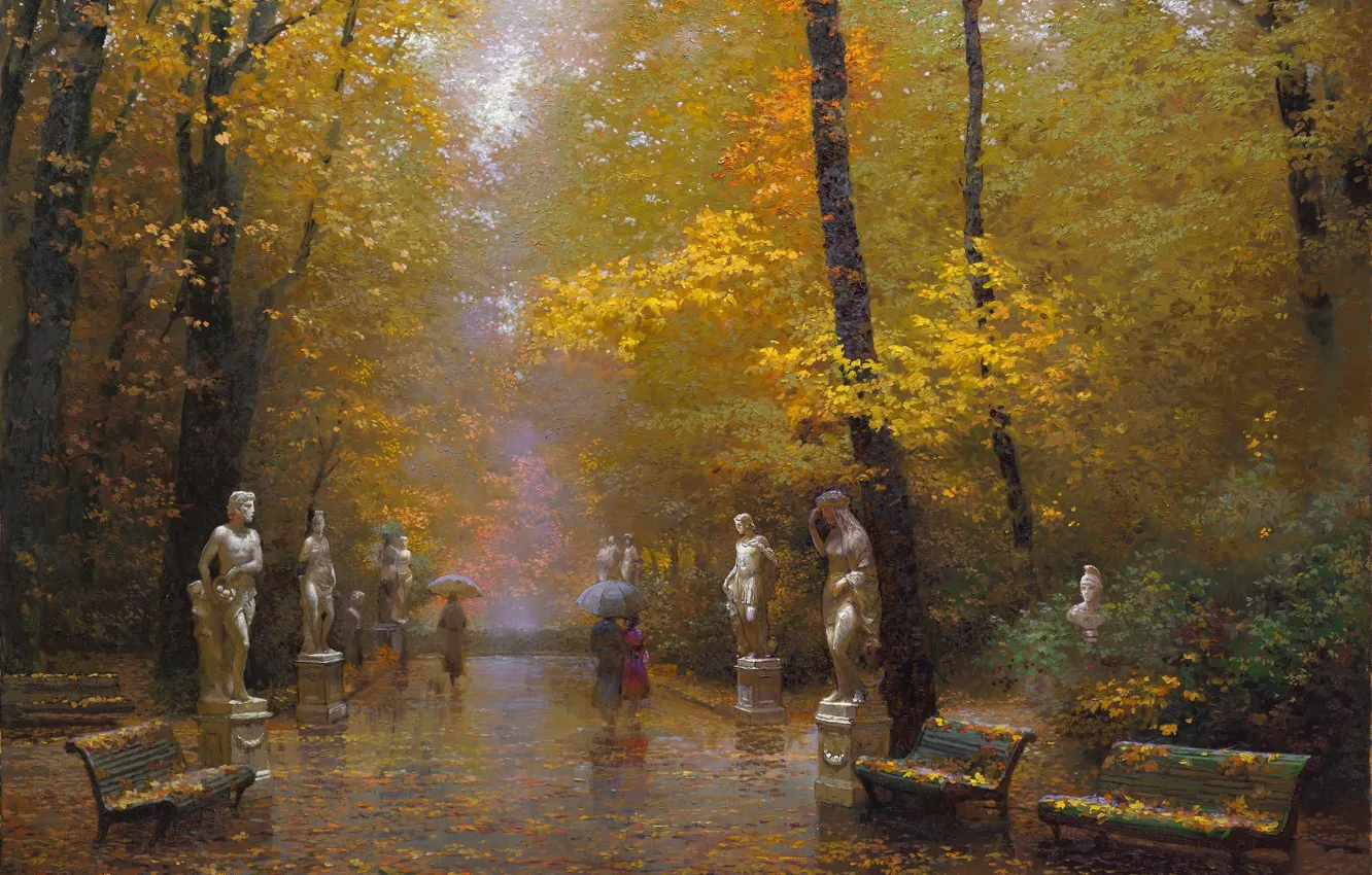 Фото обои осень, деревья, пейзаж, парк, дождь, картина, арт, зонты