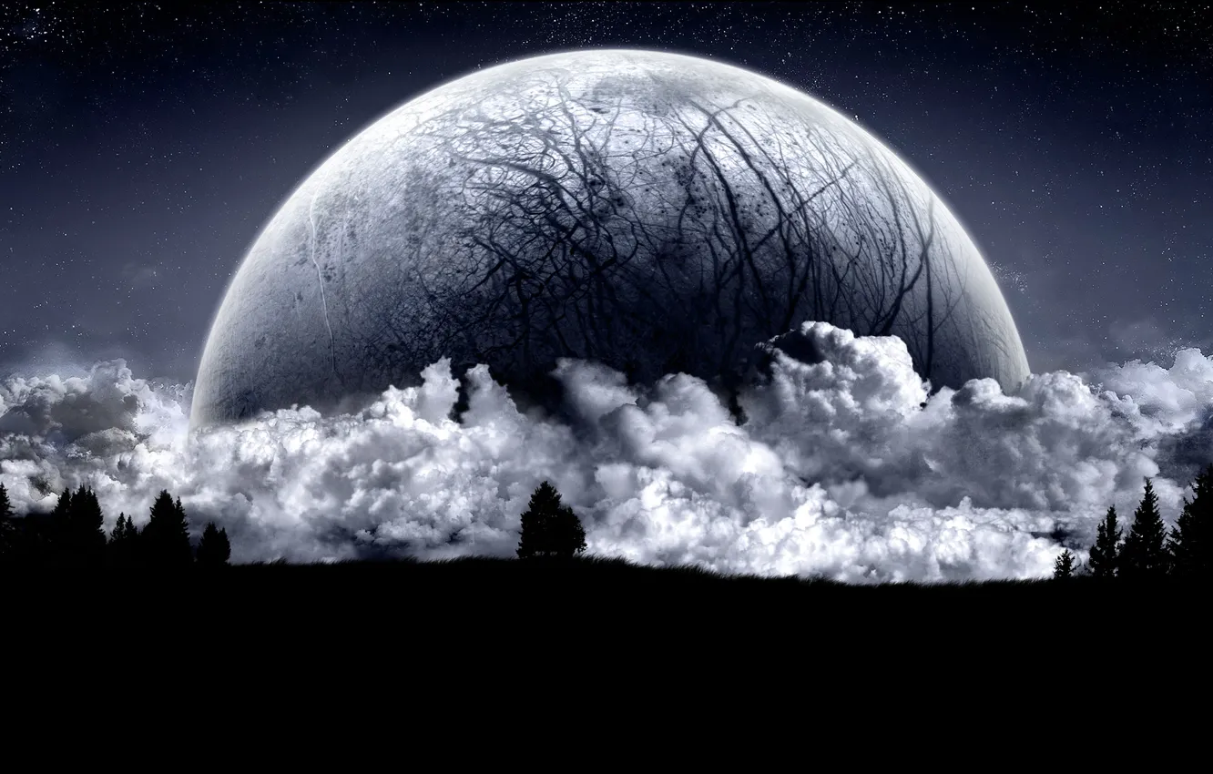Фото обои Облака, Ночь, Луна
