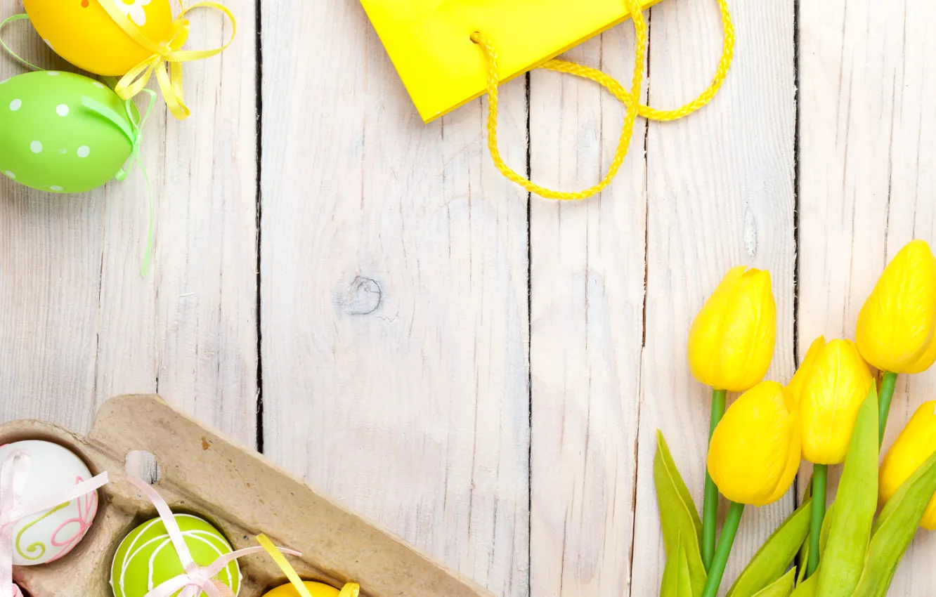 Фото обои Пасха, тюльпаны, yellow, wood, tulips, spring, Easter, eggs