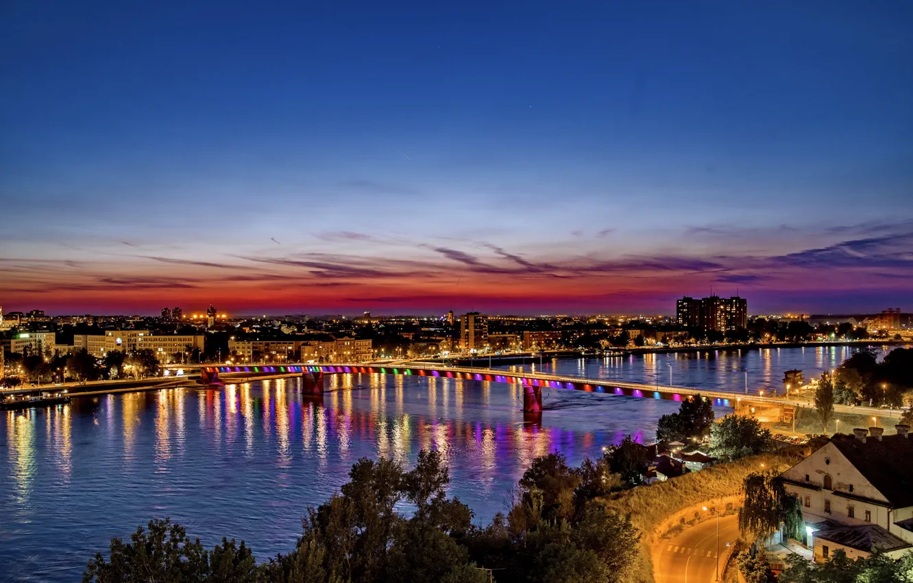 Фото обои небо, ночь, мост, река, Сербия, Bridges, Rivers, Novi Sad