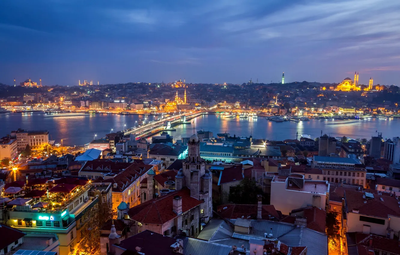 Фото обои город, здания, дома, вечер, панорама, Стамбул, Турция, Turkey