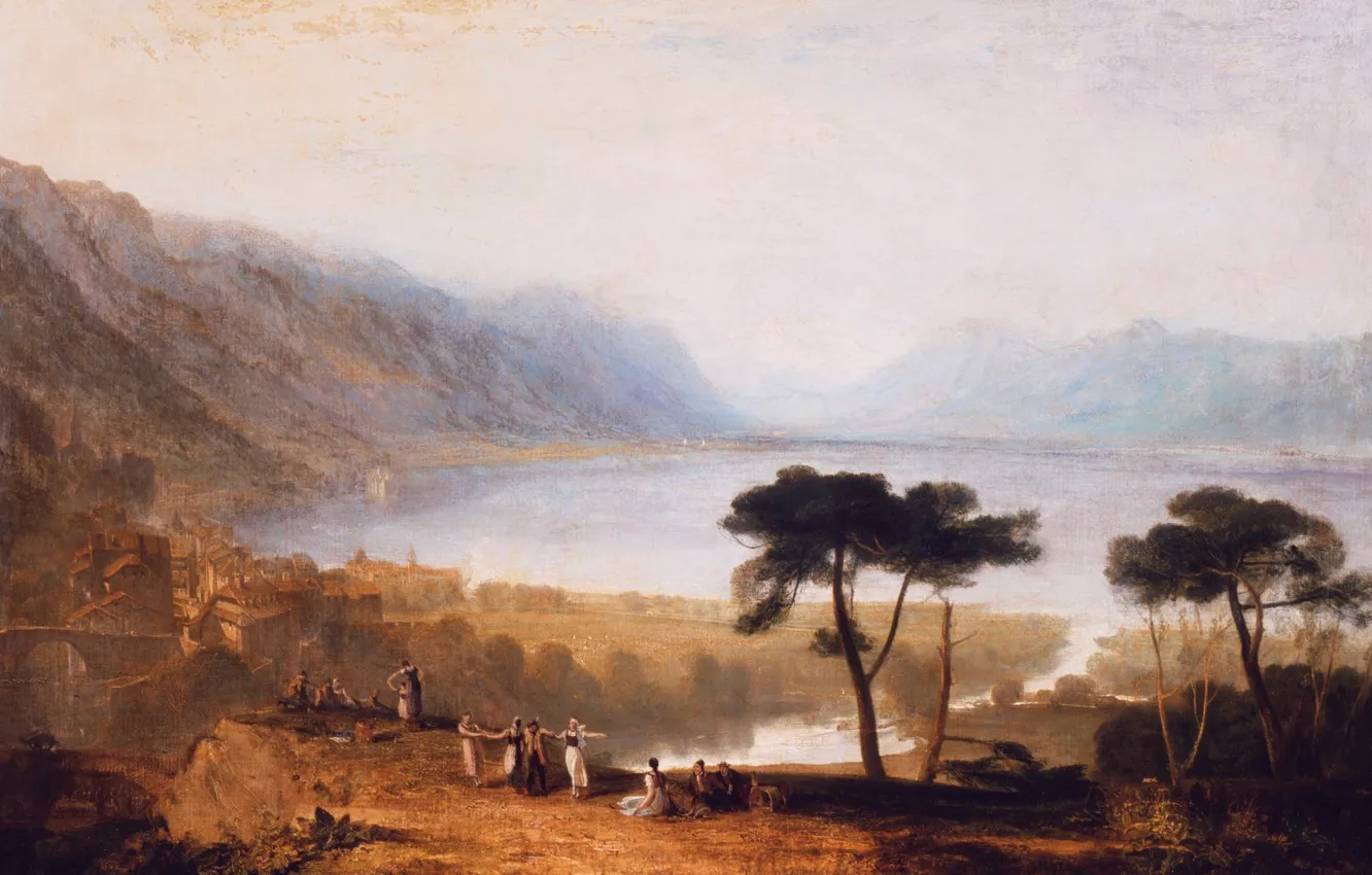 Фото обои деревья, пейзаж, горы, озеро, люди, картина, Уильям Тёрнер, Lake of Geneva from Montreux