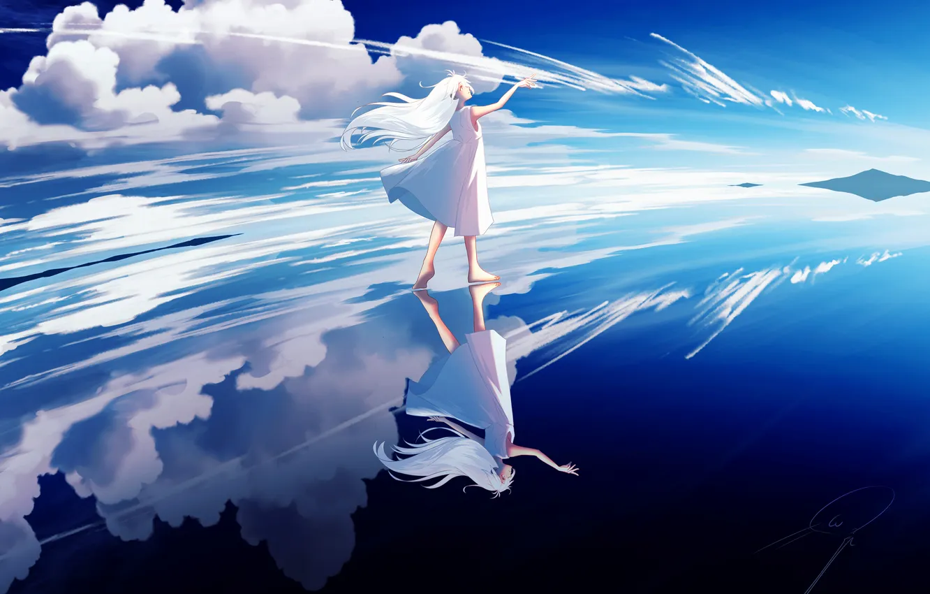 Фото обои anime, отражение, мечты, маленькая девочка, anime girls, аниме, белое платье, аниме девушки