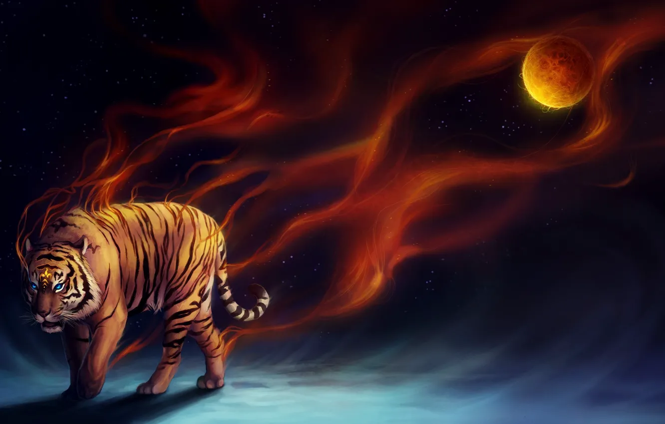 Фото обои тигр, огонь, планета, арт, sanguisgelidus