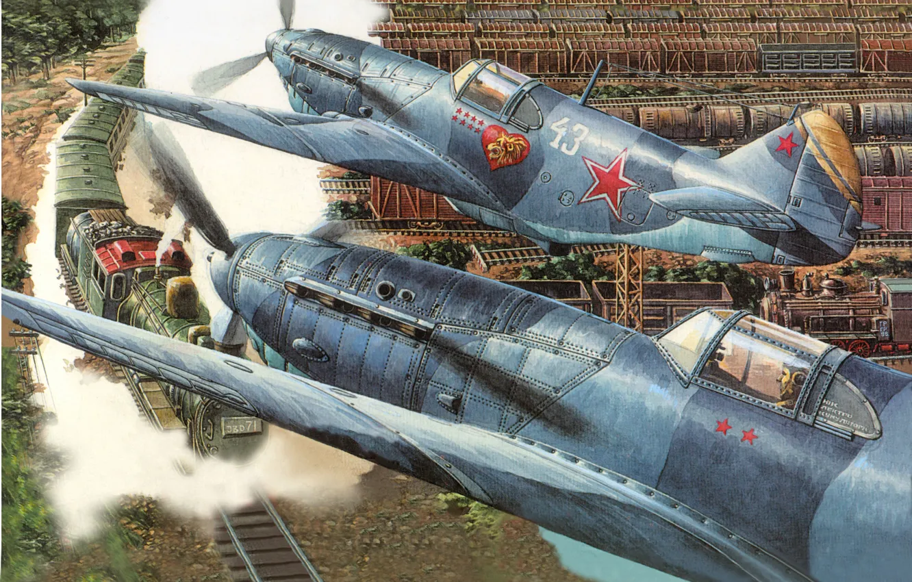 Фото обои война, паровоз, станция, вагоны, арт, истребители, ЛАГГ-3, советские